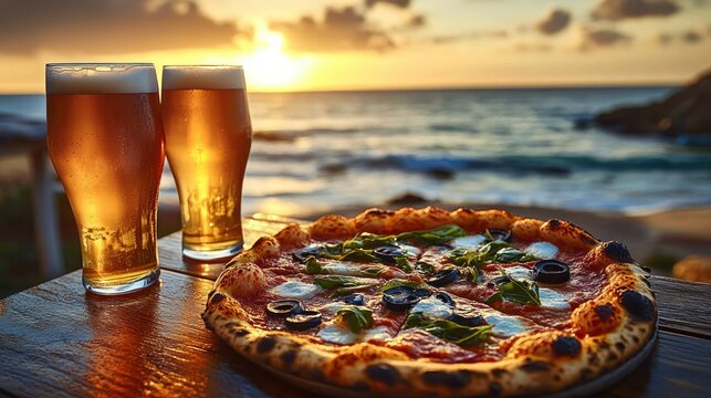 Two glasses of cold beer and a freshly baked pizza with basil and olives on a wooden table overlooking the ocean at sunset