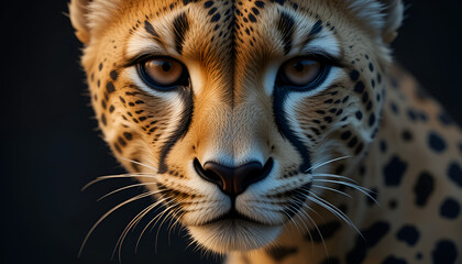 Obraz premium Intimate closeup of a cheetahs face showcasing its striking tear marks and fur