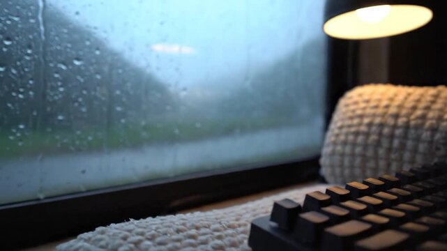 Rainy day inside a cozy campervan, watching the raindrops on the window with a keyboard and lamp adding to the ambiance, a perfect study or work setup