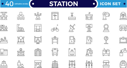 Modern train and subway station Outline icon set with travel, rail, signal, map, and schedule symbols. Perfect for transport, metro, urban commuting, journey planning. Editable stroke outline icon. 