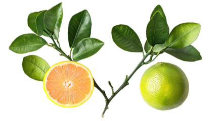 Orange slice and whole lime on branches with leaves isolated on transparent background