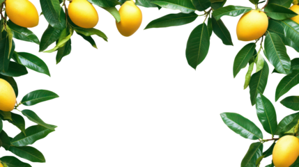 Ripe yellow marian plums hanging from green branches isolated on transparent background