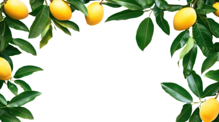 Ripe yellow marian plum fruit hanging on a branch with green leaves isolated on transparent background