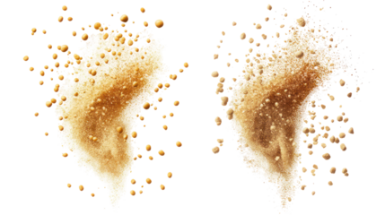 Two fluffy dandelion seeds exploding with tiny particles isolated on transparent background