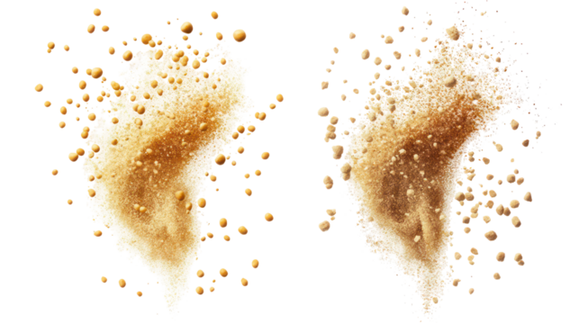 Two fluffy dandelion seeds exploding with tiny particles isolated on transparent background