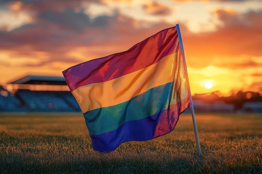 Rainbow flag waving on a grassy field during a vibrant sunset with warm glowing sky and blurred stadium seating in the background
