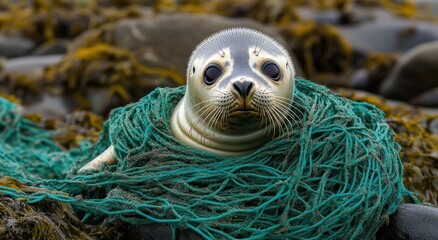 Young seal entangled in green fishing net on rocky shore with seaweed, appearing trapped and vulnerable