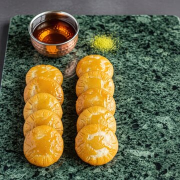 Traditional Indian sweet Badusha or Balushahi on green marble stone with syrup bowl and garnish high angle view