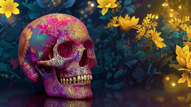 Day Of The Dead or Diwali Day, skull art featuring floral decoration and bright yellow flowers evokes lively atmosphere