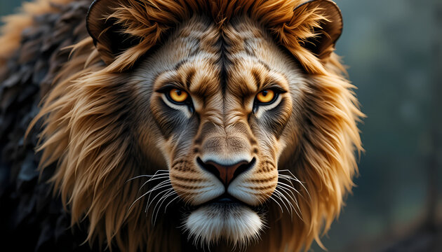 Closeup of a lions face with intense eyes and a majestic mane