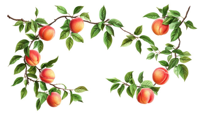 Fresh ripe apricots on branches with green leaves isolated on transparent background