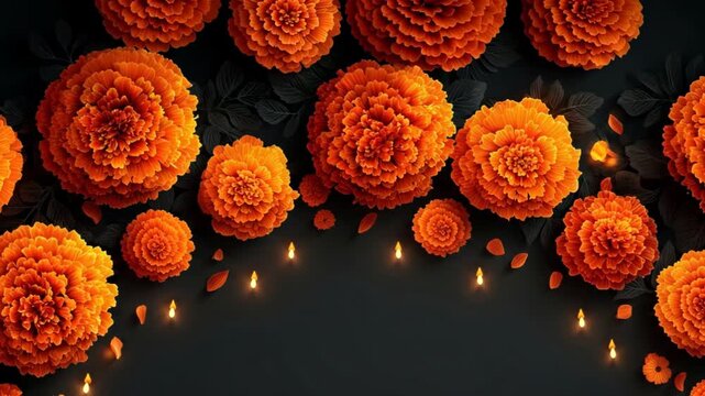 Day Of The Dead or Diwali Day, Marigold Flowers Arrangement with Candles Creates Warm and Festive Atmosphere