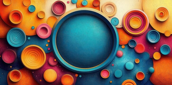 Abstract colorful concentric circles texture with varying sizes in vibrant blue, orange, yellow, and pink shades creating a dynamic and playful pattern