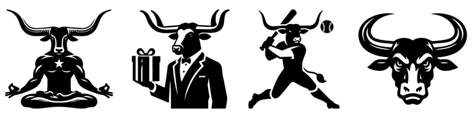 Naklejka premium Bull art collection various poses black and white illustrations.