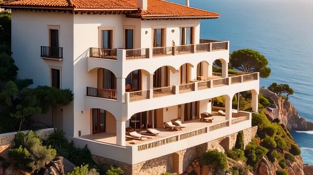 Luxurious seaside residence with multiple balconies and a terracotta roof