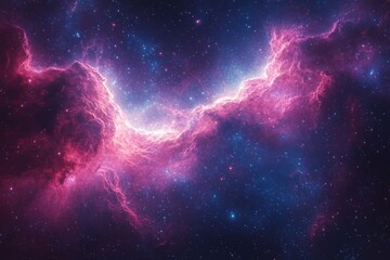 Fototapeta premium Vivid cosmic nebula with bright pink and purple swirling clouds surrounded by sparkling stars in a deep blue space environment