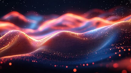 Abstract glowing wave-like landscape with bright dots and smooth curves in dark ambient setting evoking futuristic digital energy