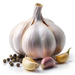 Garlic Bulb with Cloves and Peppercorns on White Background