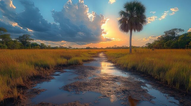 Sunset over a wetland landscape with tall grasses, a single palm tree, and a reflective waterway under a partly cloudy sky