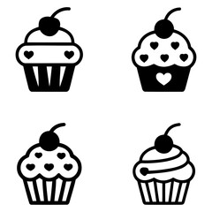 vector set of cupcakes. cupcake icons with cherries and hearts
