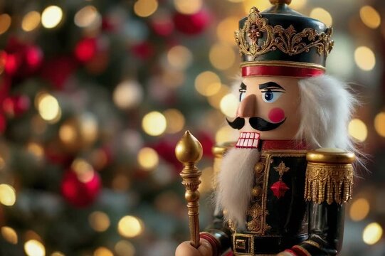 Ornate Nutcracker Figurine with Festive Holiday Decorations, Celebrating Tradition, Warm Lighting and Decorative Details for Seasonal Greetings and Gift Giving