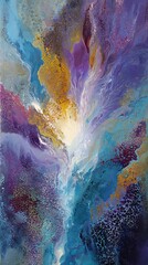 Dynamic Abstract Acrylic Pour Art with Vibrant Purple, Blue, Gold, and White Hues, featuring Organic Cell Patterns