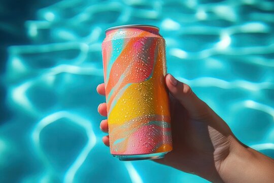 Person holding a colorful can with water droplets near a bright blue swimming pool on a sunny day
