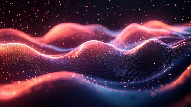 Abstract digital waves glowing with vibrant pink, purple, and blue neon lights surrounded by floating particles creating a futuristic and dynamic atmosphere
