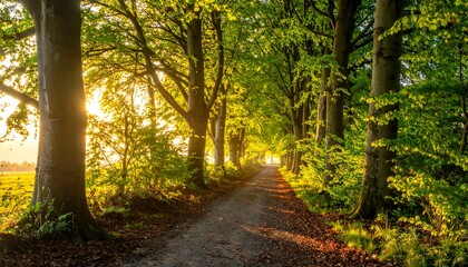 Pathway framed by tall trees, sunlight streaming through branches