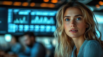 close-up of a thoughtful young woman with blue eyes and blonde hair in a modern office setting with digital data on screens in the background