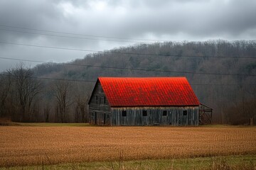 Obraz premium Old rustic barn with a bright red roof standing in a brown harvested field under an overcast sky with wooded hills in the background