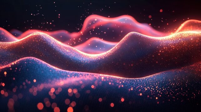 Abstract digital landscape with glowing dotted wave patterns in shades of purple, pink, and orange creating a sense of depth and motion