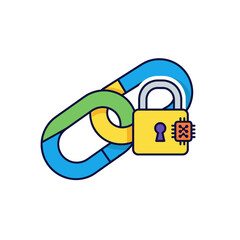 A colorful illustration depicts a secure blockchain concept, showcasing a padlock securing a chain link, symbolizing data protection and digital security in the modern technological landscape.