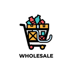 A colorful illustration depicts a wholesale shopping cart overflowing with packaged goods, representing bulk purchases and retail commerce, ideal for business or marketing materials.