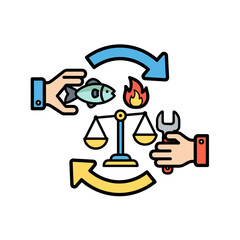 An illustrated concept depicts environmental balance, featuring hands holding a fish and wrench, alongside a scale and fire, with circular arrows symbolizing the cycle.