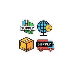 A collection of colorful, flat design icons representing global supply chain elements, including a box, truck, building, and globe with an 'X' mark, isolated on a white background.