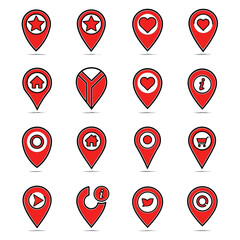 A collection of modern red location pin icons with various symbols, including stars, hearts, and home symbols, are isolated on a white background, perfect for maps and navigation.