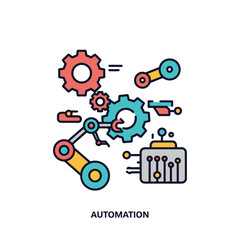 An illustrated representation of automation, featuring interconnected gears, robotic arms, and a circuit board, symbolizing technological advancement and industrial processes.
