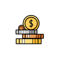 An illustrated stack of coins with varying colors and sizes, including a large gold coin with a dollar sign, representing financial concepts and wealth.