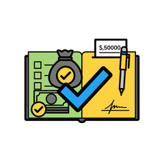 An illustrated financial concept shows a completed checkbook with a money bag and a check marked with a checkmark, representing financial success and approval.