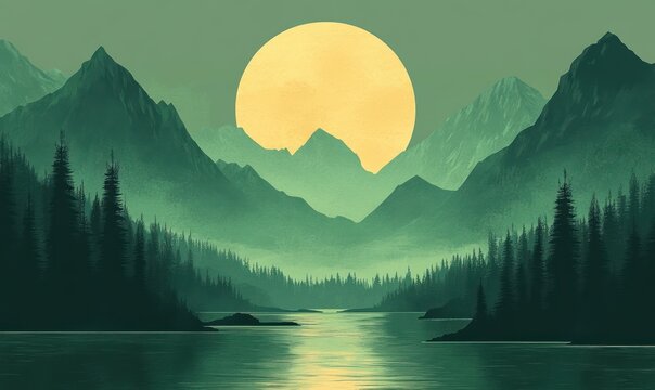 Serene landscape of a river flowing through dense pine forests and towering mountain ranges under a large yellow sun in a peaceful atmosphere