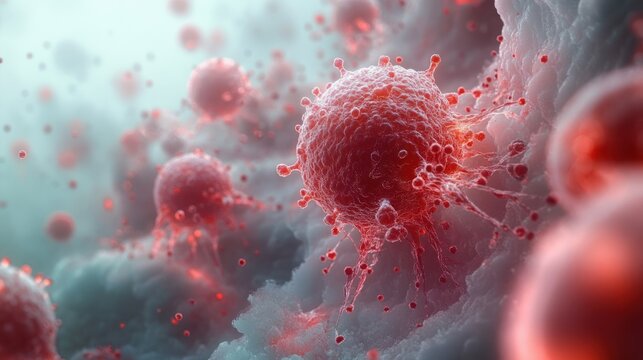 Close-up view of multiple spherical virus particles with spike-like projections spreading in a biological environment, evoking a sense of infection and microscopic threat