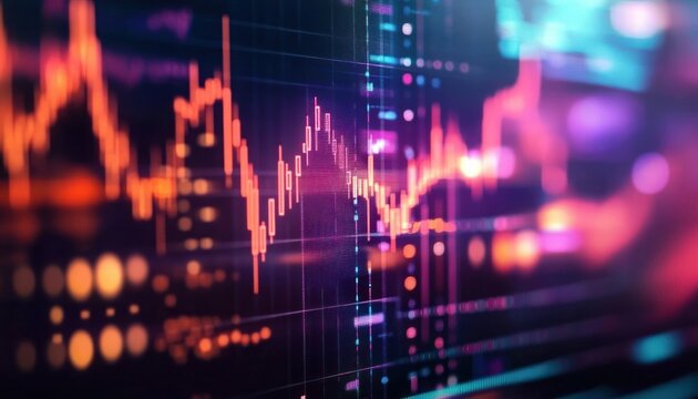Abstract digital stock market graph displaying fluctuating financial data with bright neon lines and vibrant futuristic colors - Powered by Adobe