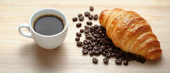 Freshly baked golden croissant next to a white cup of black coffee with scattered coffee beans on a light wooden surface conveying a warm morning atmosphere