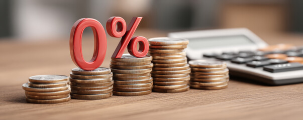 0% sign on stacked coin towers with calculator on wooden desk highlighting interest free finance concept