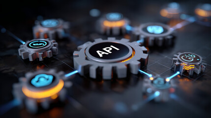 API gear icon network connecting digital services with glowing lines and technology mood