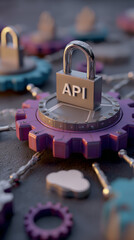 API padlock on purple gear securing digital connection with cloud icon in shallow depth of field, conveying cybersecurity and protected integration