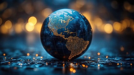 Glowing digital globe showing North and South America with illuminated city lights on a dark blue background surrounded by blurred warm bokeh lights