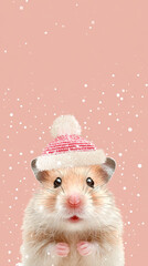 Cute winter hamster wearing knitted hat with falling snow, cozy small pet portrait with pink background and soft fur