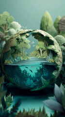 Lush green forest sphere with layered lake and wildlife, serene natural ecosystem, tranquil atmosphere, detailed paper like foliage